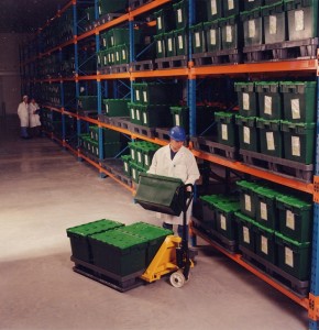 Euro containers in a warehouse